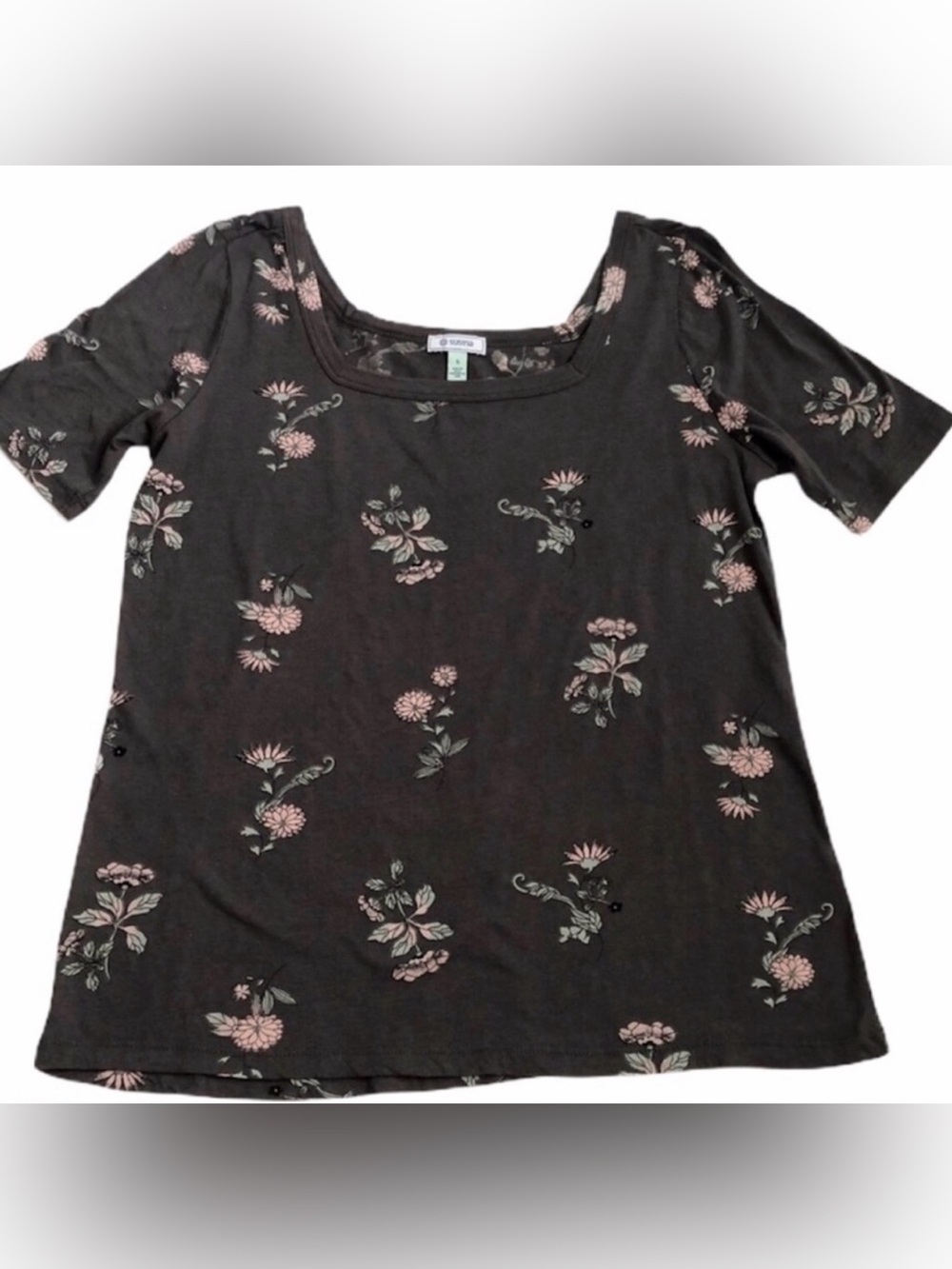 Susina Top Size Small Gray Cotton Modal Double Square Neck Shirt Short Sleeve